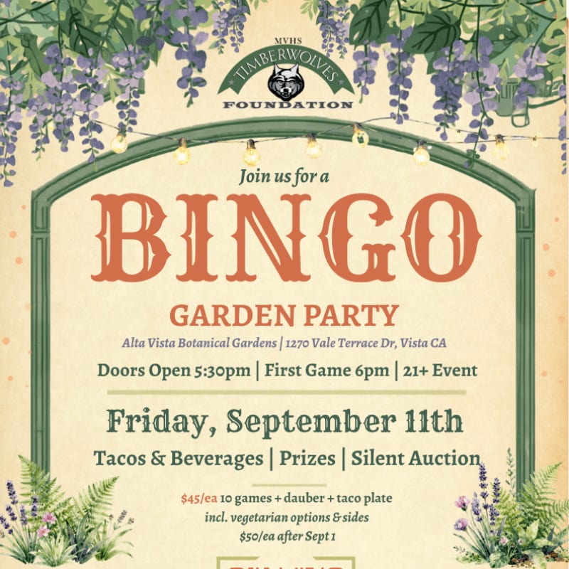 Purple wisteria and green ferns frame a vintage-style "BINGO GARDEN PARTY" invitation with event details.