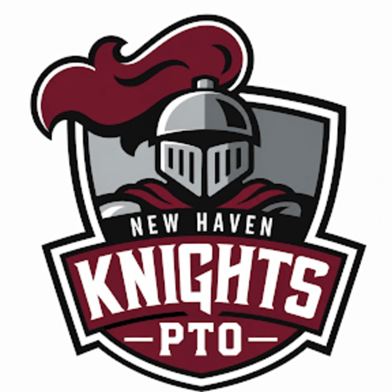A knight's helmet with a maroon plume is emblazoned on a shield with "NEW HAVEN KNIGHTS - PTO -" written below it.
