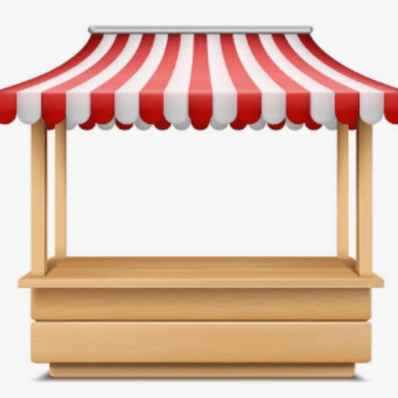 A wooden market stall with a red and white striped awning stands empty against a white background.