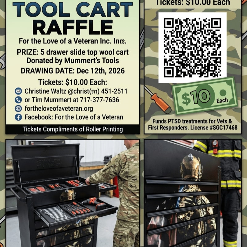A raffle for a tool cart is advertised against a camouflage background, with a soldier and firefighter featured in the foreground.
