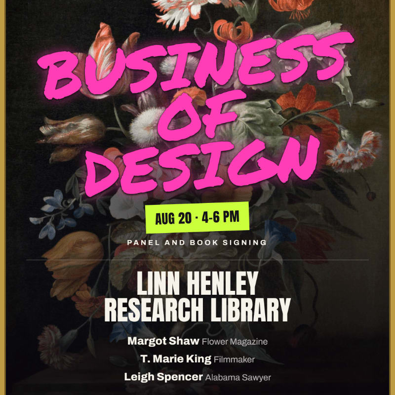 A vibrant floral arrangement fills the background behind bold pink text announcing "BUSINESS OF DESIGN," with event details and speaker names in white text at the bottom.