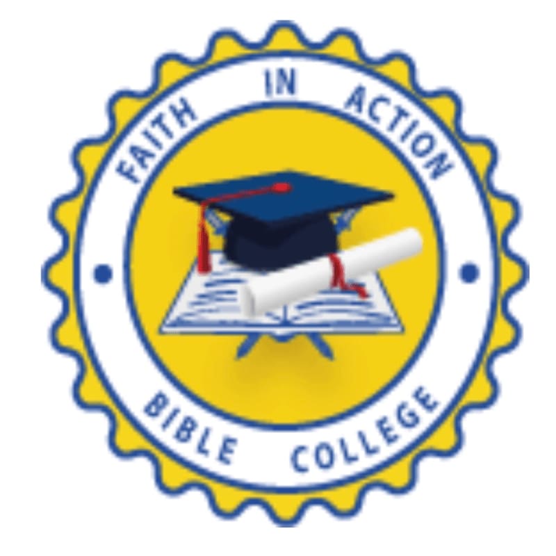 A graduation cap and diploma rest on an open book in the foreground, all within a yellow and blue circular emblem that reads "FAITH IN ACTION BIBLE COLLEGE" in the background.