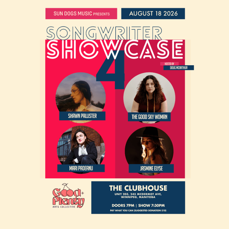 A bright pink poster advertises a songwriter showcase on August 18, 2026, featuring four artists with their photos, set against a light beige background.