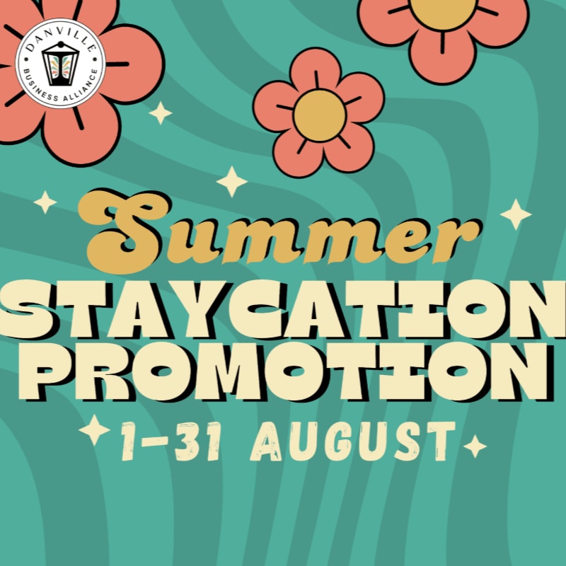 Retro-style flowers and stars adorn the wavy teal background, while bold, retro lettering announces a "Summer Staycation Promotion" from August 1st to 31st.