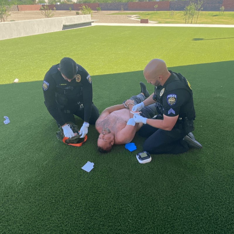 Two police officers are handcuffing a shirtless man on a green turf field, with a building and trees in the background.