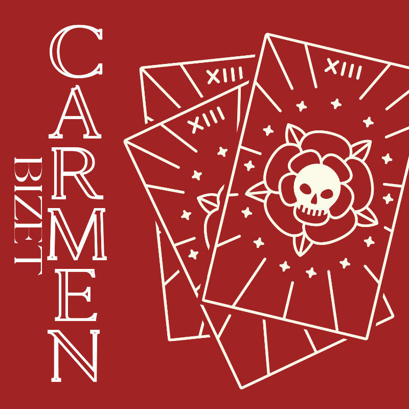 Three tarot cards with a skull and rose design are fanned out in the foreground against a deep red background, with the word "CARMEN" written vertically on the left.