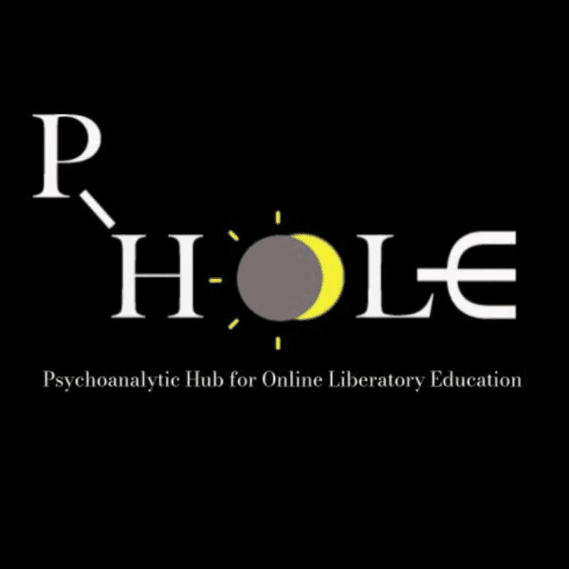 White letters spell out "P.HOLE" with a stylized sun partially eclipsing a moon in the center, set against a black background with the text "Psychoanalytic Hub for Online Liberatory Education" below.