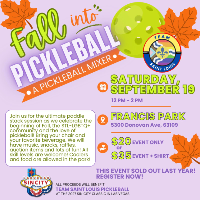 Autumn leaves and a pickleball are in the foreground, with event details for a pickleball mixer in the background.