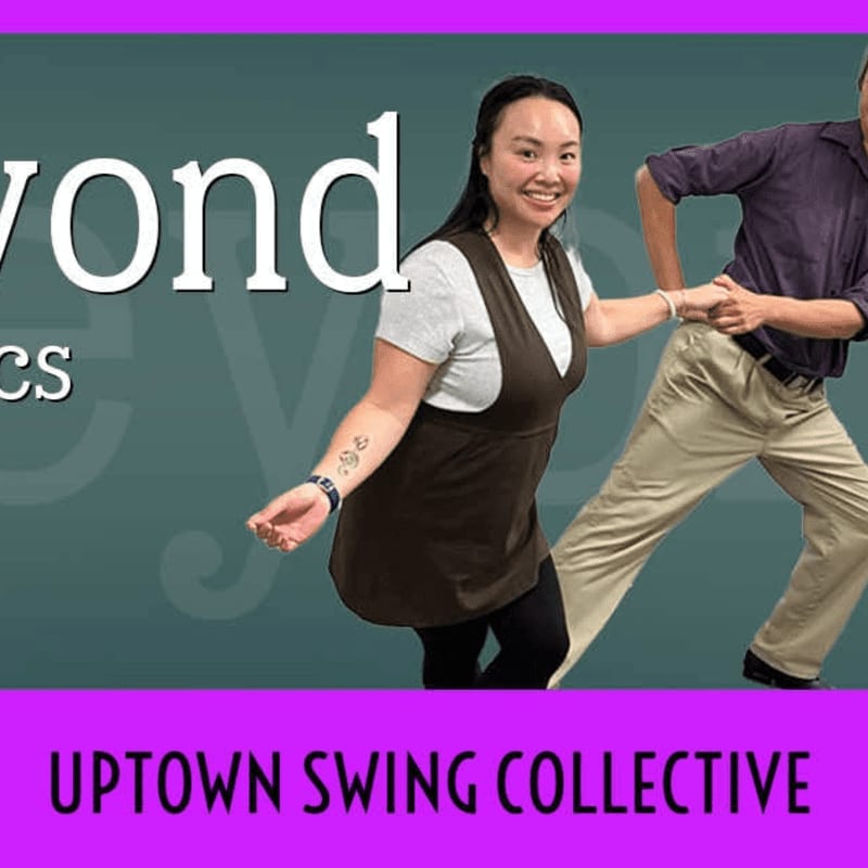 A smiling woman in a brown jumper and a man in a purple shirt dance in the foreground, with the words "UPTOWN SWING COLLECTIVE" in large white letters on a purple background at the bottom and faded text in the background.