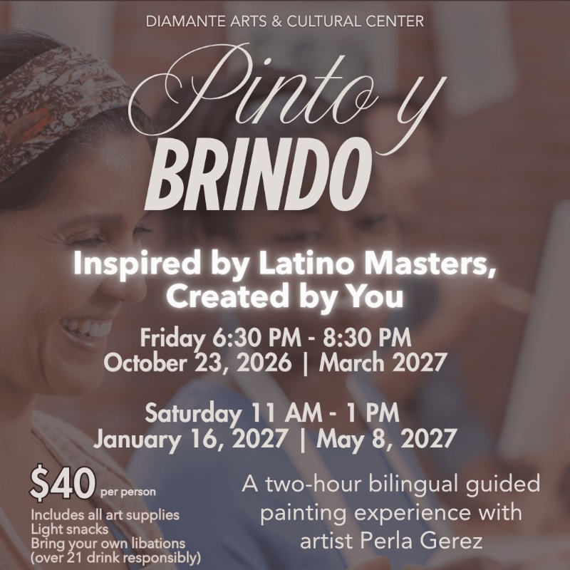 A smiling woman in the foreground looks to the left, while the background features text advertising a painting event at Diamante Arts & Cultural Center.