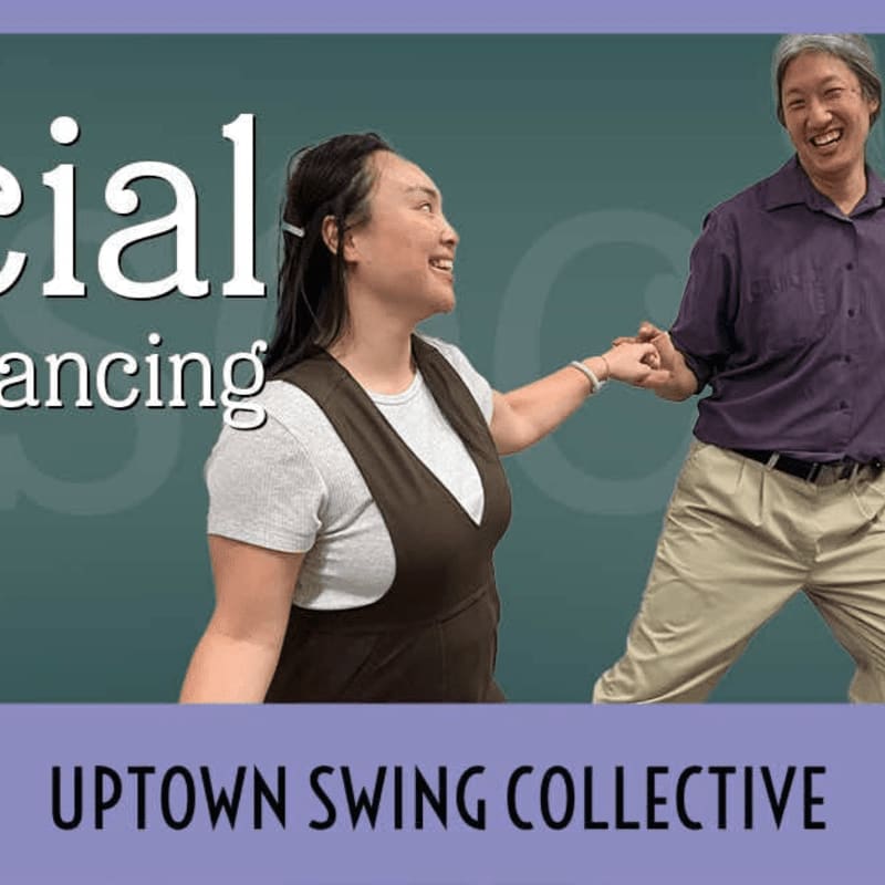 A smiling couple dances in the foreground, with the words "social dancing" blurred in the background.