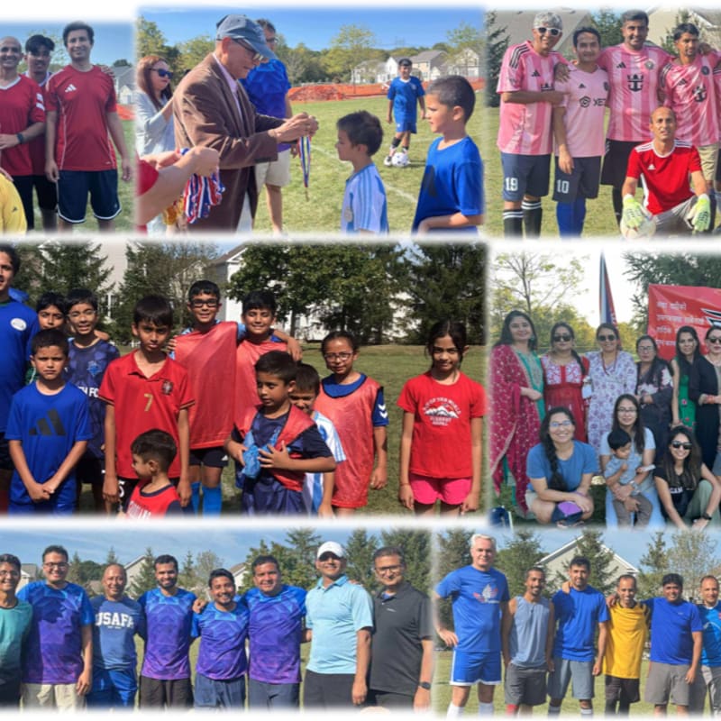 A collage of photos shows groups of people, including children and adults, participating in outdoor activities like soccer and posing for group pictures, with a park-like setting visible in the background.