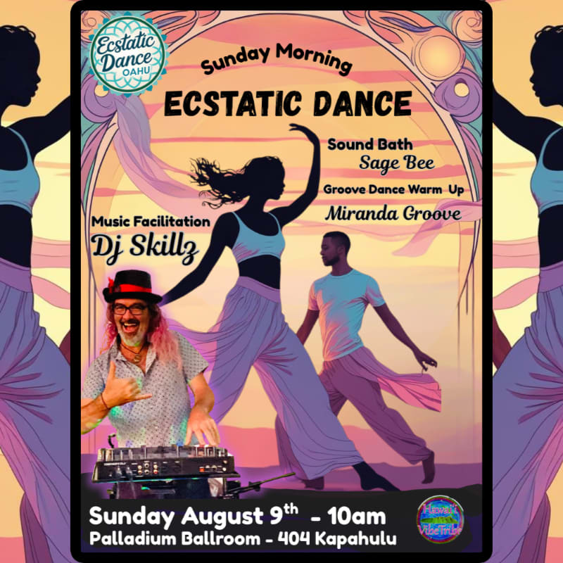 A DJ with pink hair and glasses is in the foreground, while silhouetted dancers and event details fill the background of a poster for "Sunday Morning Ecstatic Dance."