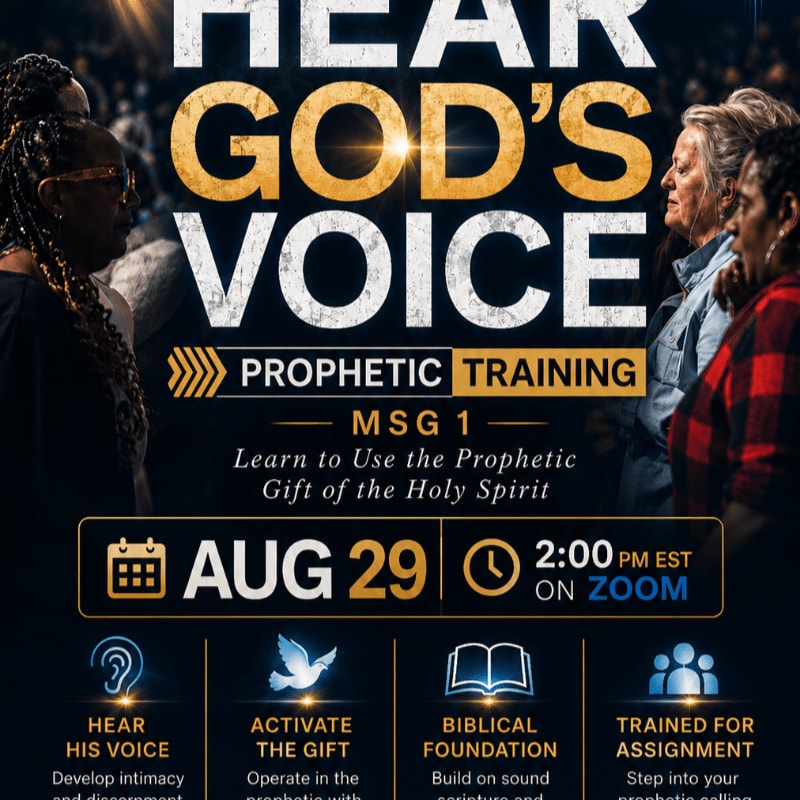 In the foreground, a group of people listen intently, while the background features bold text announcing "HEAR GOD'S VOICE PROPHETIC TRAINING" with event details.