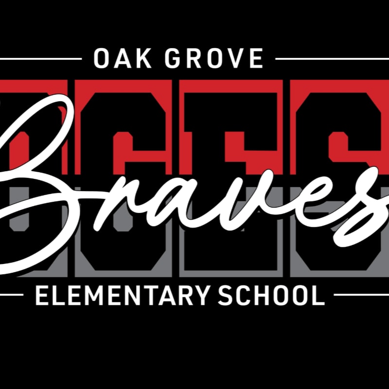 White cursive text spelling "Braves" overlays a black background with red and gray block letters spelling "OGES" and the words "OAK GROVE" and "ELEMENTARY SCHOOL" above and below.