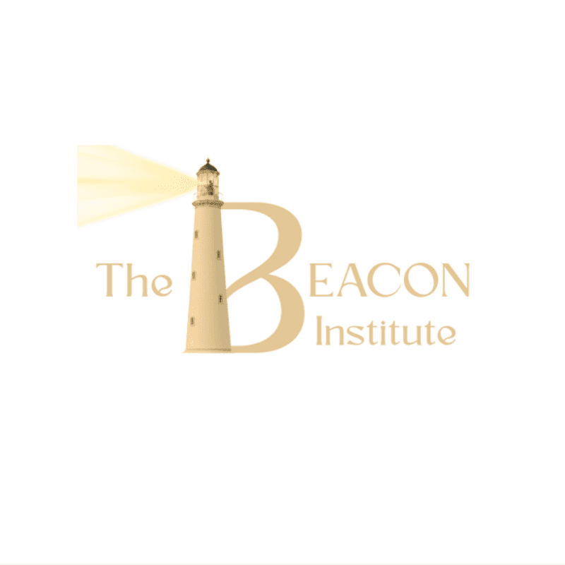 A beige lighthouse with a glowing beam stands in front of a large, stylized "B" and the words "The BEACON Institute" on a white background.