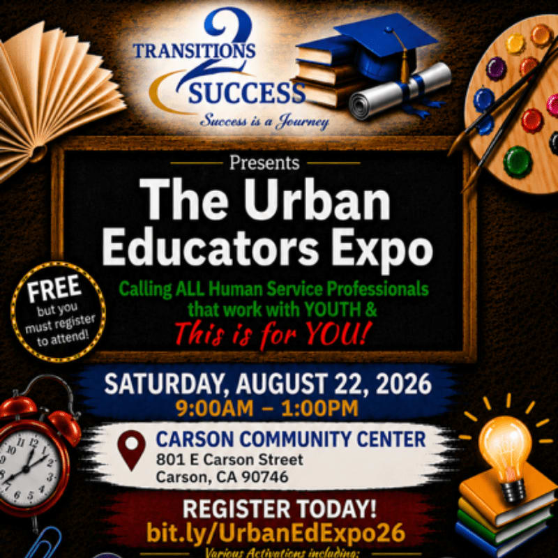 A chalkboard announces "The Urban Educators Expo" with event details in the foreground, set against a background of educational symbols like graduation caps and art supplies.