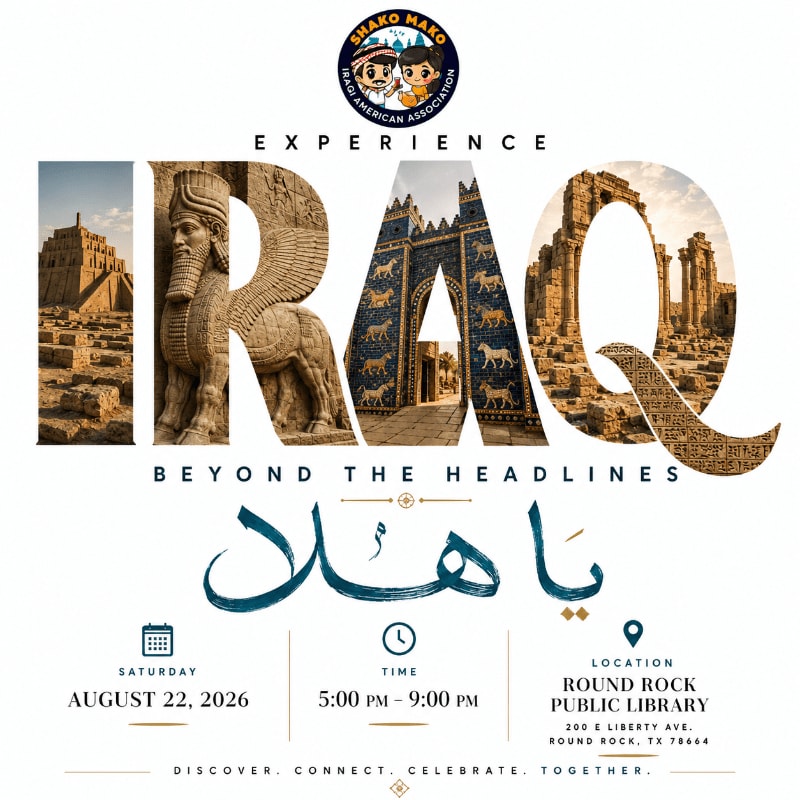 Ancient Iraqi ruins form the letters of "IRAQ" in the foreground, set against a white background with event details below.