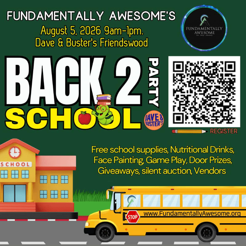 A yellow school bus and a school building are in the foreground, with a dark green background featuring event details for a "Back 2 School Party."