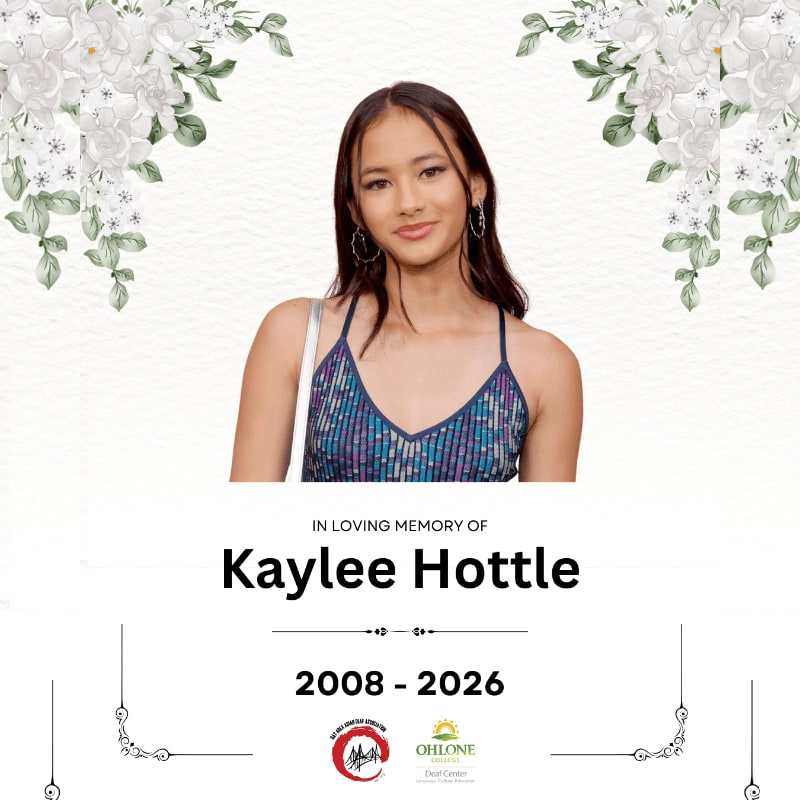 A young woman is pictured in the foreground against a white background adorned with floral accents and memorial text.