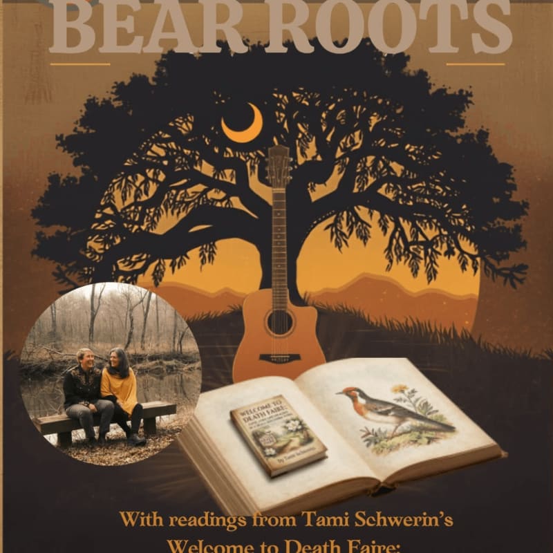 An acoustic guitar stands before a silhouetted tree with a crescent moon, while an open book with a bird illustration rests in the foreground, and a couple sits on a bench in a circular inset image.