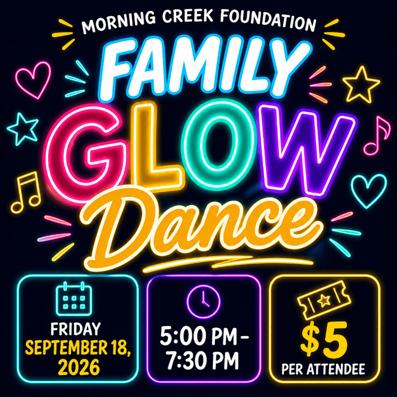Neon lights spell out "FAMILY GLOW Dance" in the foreground, with event details for date, time, and price in glowing boxes below, all set against a dark background adorned with stars, hearts, and musical notes.