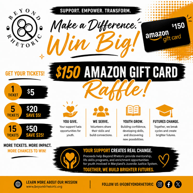 A raffle for a $150 Amazon gift card is advertised with ticket prices and information about the organization's mission in the foreground, against a background of orange and white graphics.
