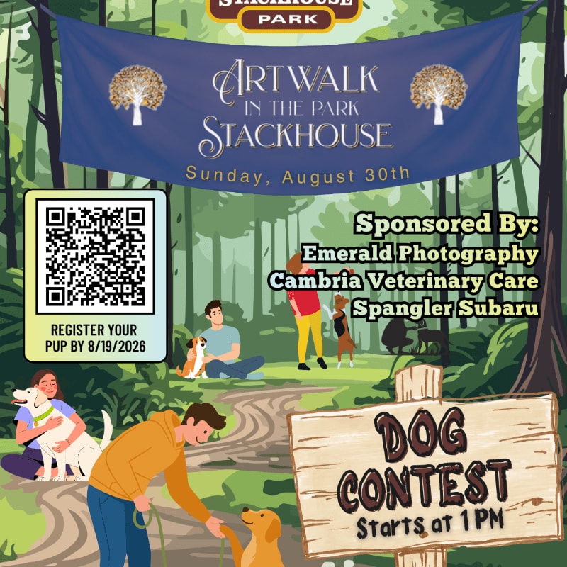 In the foreground, a man with a yellow hoodie is walking a golden retriever, while in the background, people and dogs enjoy an art walk in a park under a banner.