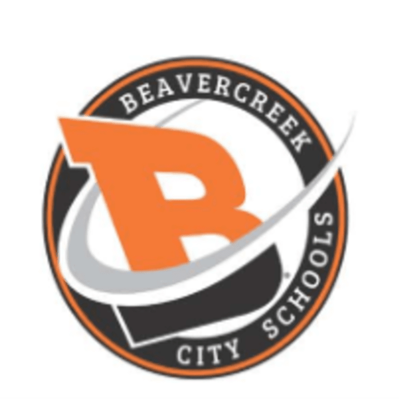 An orange "B" with a swoosh design is centered within a circular logo that reads "BEAVERCREEK CITY SCHOOLS" against a white background.