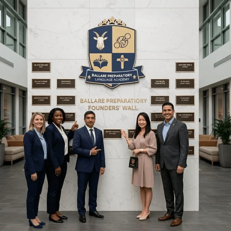 Five people stand in front of a marble wall with a school crest and founders' plaques, while couches and plants are visible in the background.
