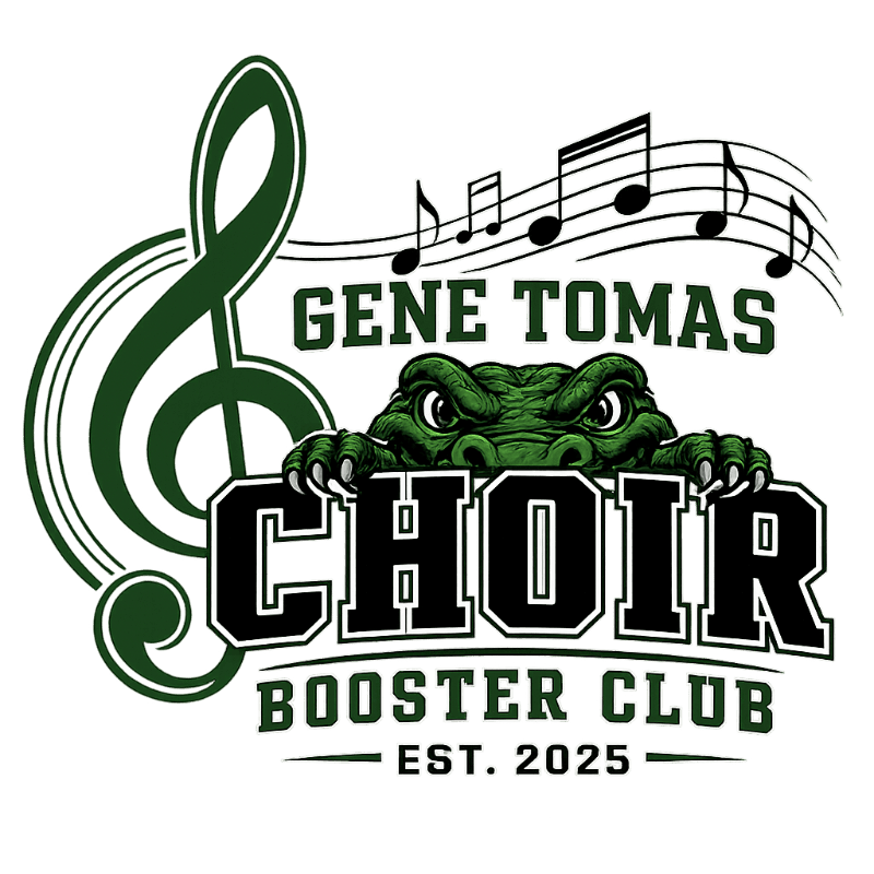 A green alligator peeks over the words "CHOIR BOOSTER CLUB" with a treble clef and musical notes in the background.