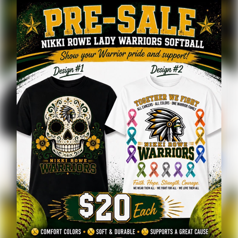 Two t-shirt designs, one featuring a sugar skull and the other a Native American headdress with cancer ribbons, are displayed against a background of a softball and green and gold accents.