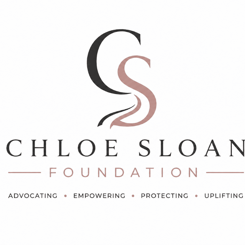 A stylized "CS" logo sits above the text "CHLOE SLOAN FOUNDATION" with the words "ADVOCATING," "EMPOWERING," "PROTECTING," and "UPLIFTING" below, all on a plain background.