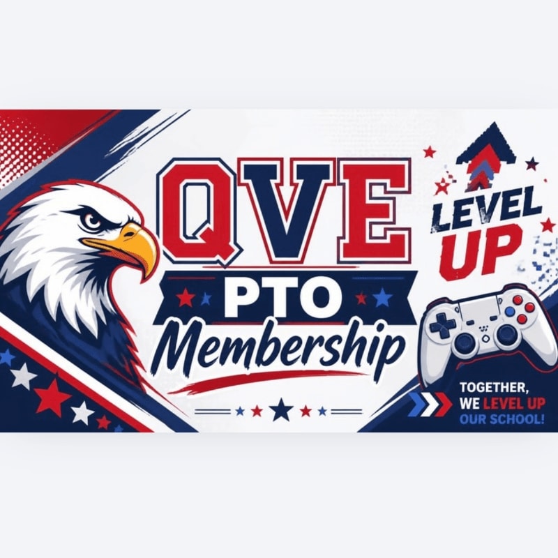 A patriotic eagle and a video game controller are featured in the foreground against a background of red, white, and blue graphics with the text "QVE PTO Membership" and "Level Up."