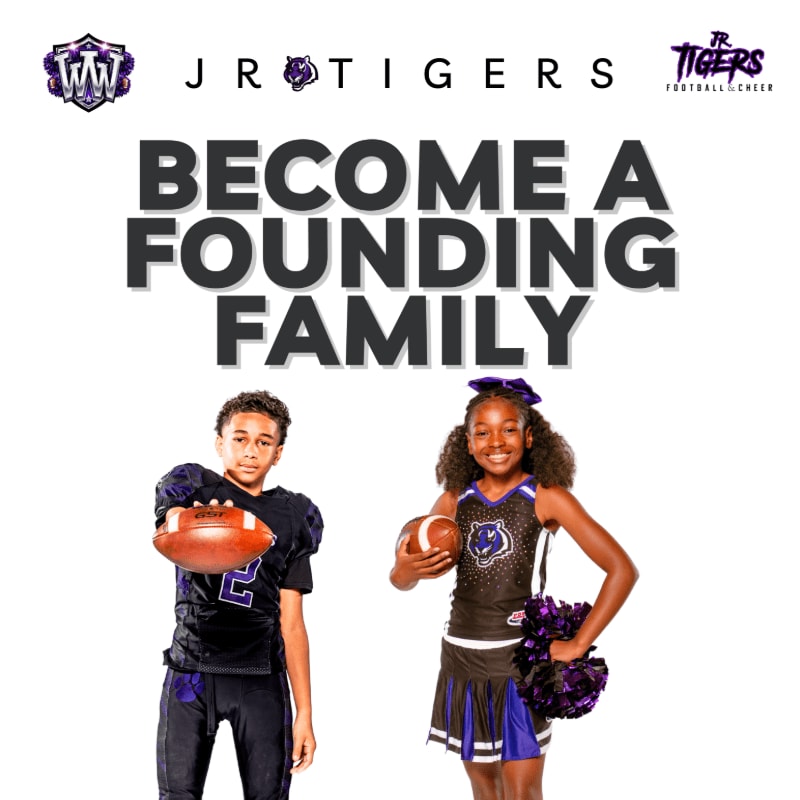A young boy in a football uniform holds a football in the foreground, while a young girl in a cheerleading outfit with pom-poms stands beside him, against a white background with "JR TIGERS" and "BECOME A FOUNDING FAMILY" text.