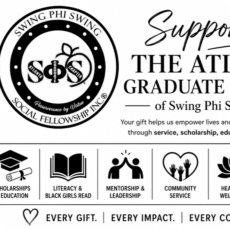 A black and white circular logo with "Swing Phi Swing" and "Atlanta Graduate Chapter" is in the foreground, while the background features text about supporting the Atlanta Graduate Chapter of Swing Phi Swing, along with icons representing scholarships, literacy, mentorship, community service, and wellness.