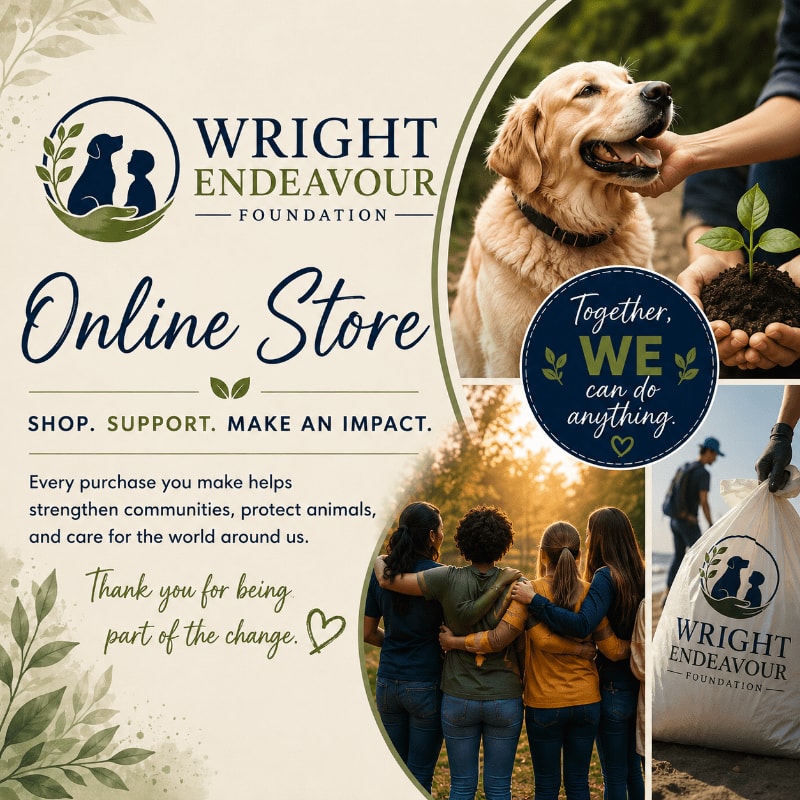 A golden retriever and a seedling are in the foreground, while a group of friends and a bag of donations are in the background.