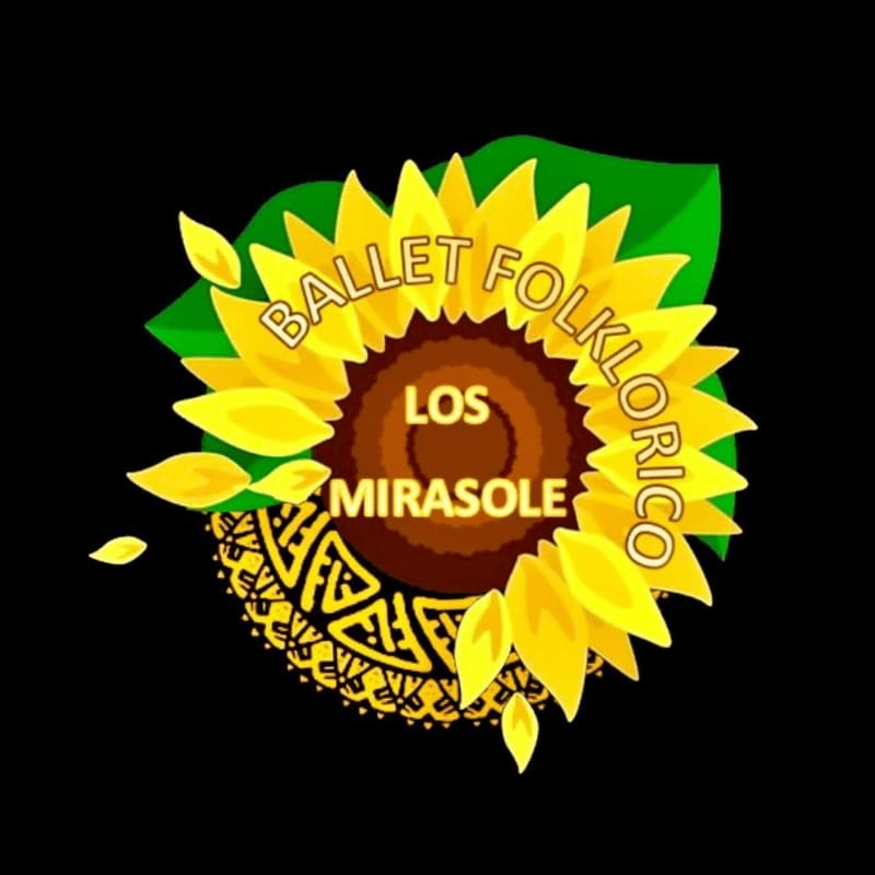 A vibrant sunflower with "BALLET FOLKLORICO LOS MIRASOLE" written on its petals and a decorative mandala pattern at its base is set against a stark black background.