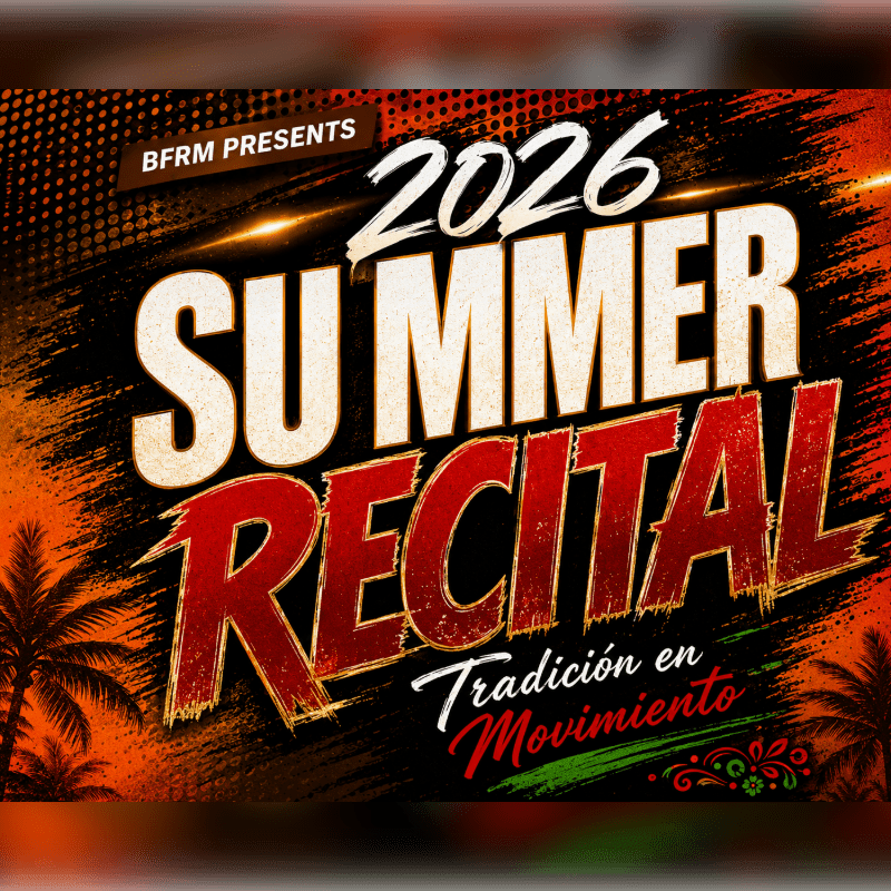 Silhouetted palm trees frame a vibrant graphic announcing "2026 Summer Recital" with the tagline "Tradición en Movimiento" against a fiery, textured background.