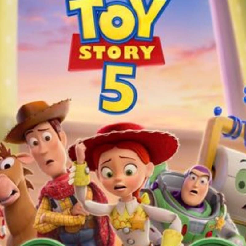Woody, Jessie, and Buzz Lightyear are featured in the foreground with the "Toy Story 5" logo prominently displayed in the background.