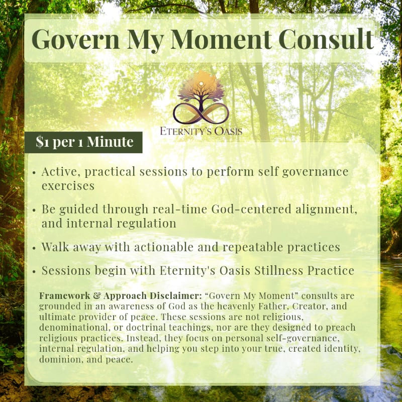 A green-tinted flyer advertising "Govern My Moment Consult" with a nature scene of trees and a stream in the background.
