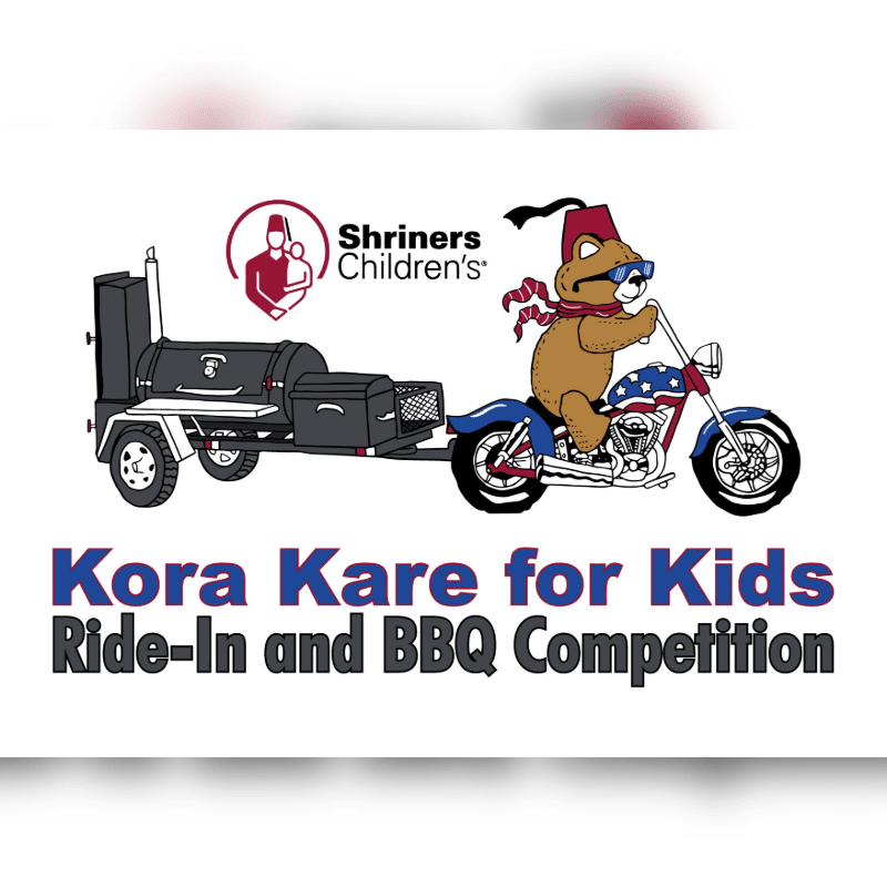 A cartoon bear in a fez and sunglasses rides a motorcycle pulling a smoker, with the text "Kora Kare for Kids Ride-In and BBQ Competition" below.