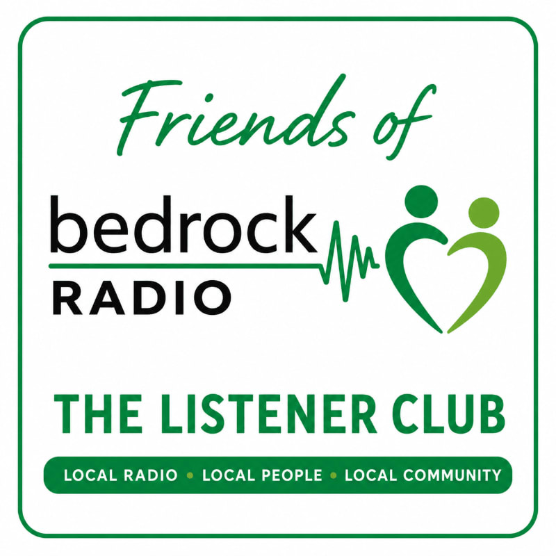 A green and white square logo for "Friends of Bedrock Radio The Listener Club" features the text "Friends of" in script, "bedrock RADIO" in bold sans-serif, a heart-shaped electrocardiogram, and two figures embracing, all set against a white background with a green border.