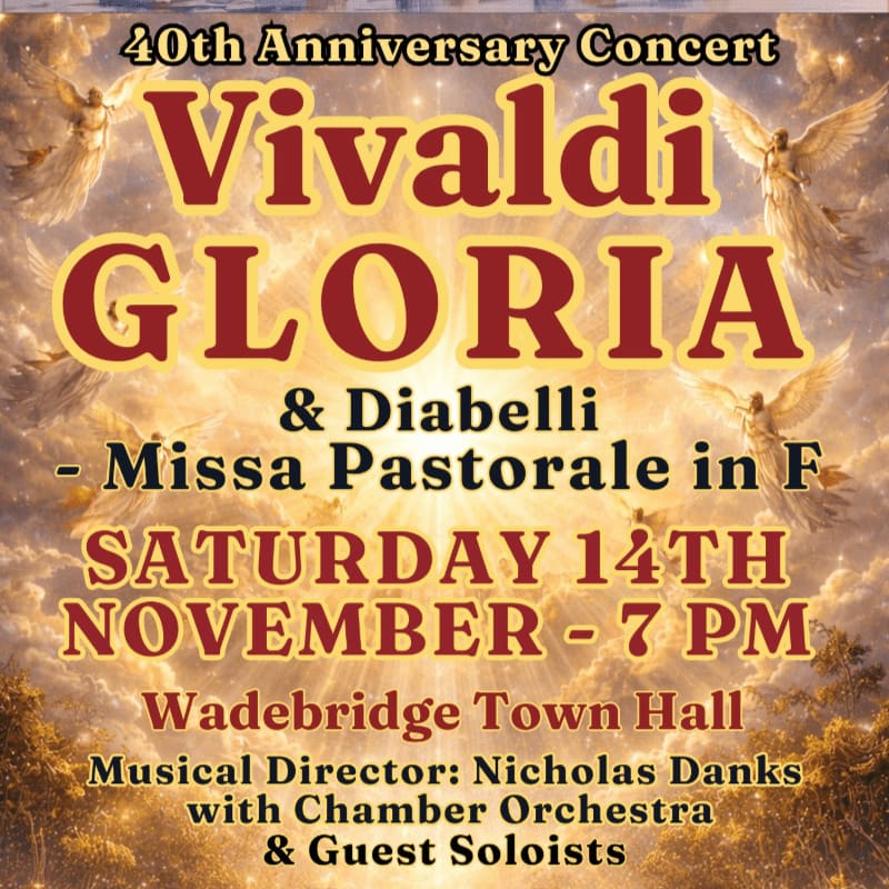 A concert poster for Vivaldi's Gloria and Diabelli's Missa Pastorale, featuring angelic figures in the background and event details in the foreground.