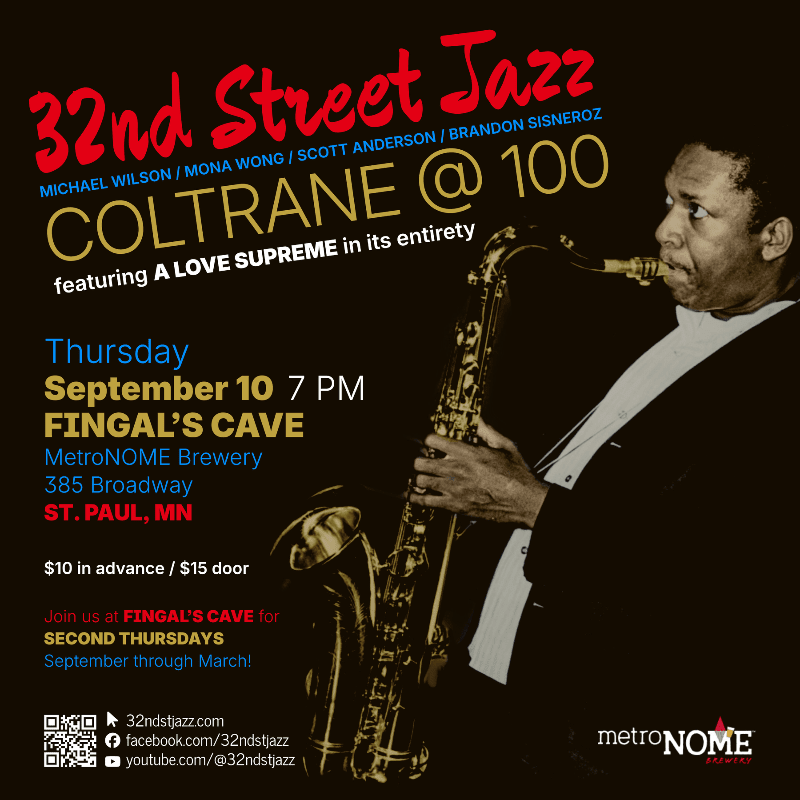 A jazz musician plays a saxophone in the foreground, with event details for "32nd Street Jazz" and "Coltrane @ 100" filling the background.