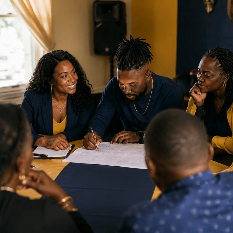 Four people are gathered around a table with papers, while a window and a speaker are visible in the background.