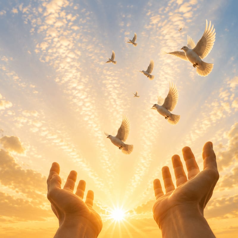 Open hands release white doves into a sky filled with golden sunlight and wispy clouds.