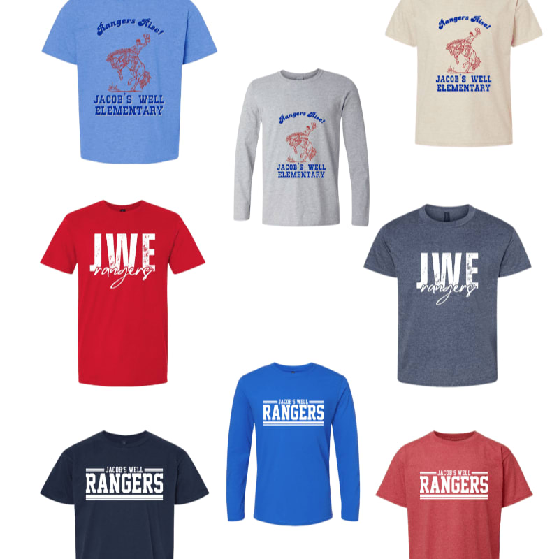 Nine t-shirts with various school logos and colors are arranged in a grid against a white background.