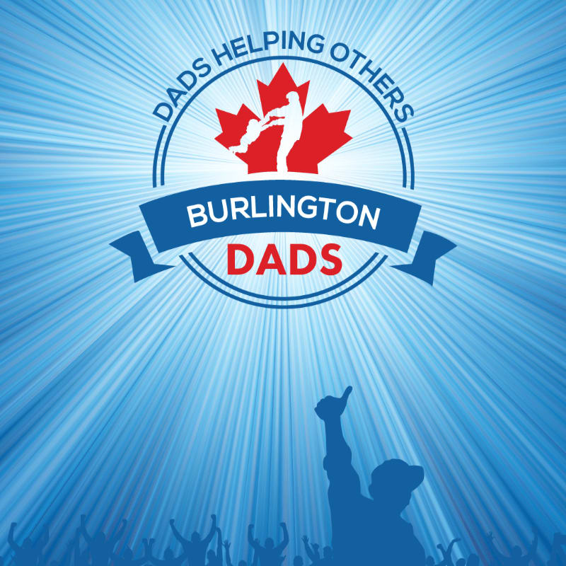 A silhouette of a cheering crowd in the foreground is beneath a circular logo with a Canadian maple leaf and the text "DADS HELPING OTHERS BURLINGTON DADS" against a radiating blue background.