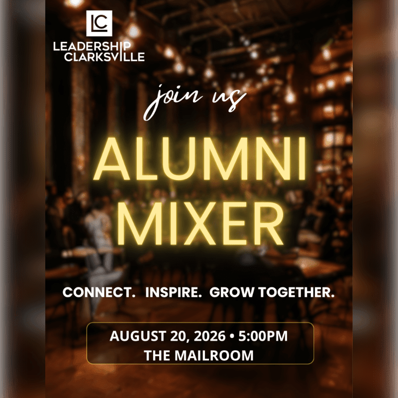 A blurred background of a dimly lit venue with hanging lights and people sets the stage for a "Join Us Alumni Mixer" event with event details at the bottom.